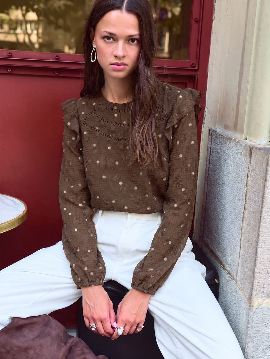 Nöista Brown Polka Dot Top, Straight Loose, French Retro, Ruffles, Romantic Elegant. Versatile, Playful, Practical Every Woman's Wardrobe.Fall/Winter,. - Brown - View 1