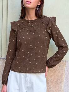 Nöista Brown Polka Dot Top, Straight  Loose, French Retro, Ruffles, Romantic Elegant. Versatile, Playful, Practical Every Woman's Wardrobe.Fall/Winter,. - Brown - View 3
