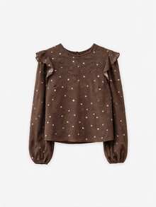Nöista Brown Polka Dot Top, Straight  Loose, French Retro, Ruffles, Romantic Elegant. Versatile, Playful, Practical Every Woman's Wardrobe.Fall/Winter,. - Brown - View 4