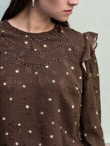 Nöista Brown Polka Dot Top, Straight  Loose, French Retro, Ruffles, Romantic Elegant. Versatile, Playful, Practical Every Woman's Wardrobe.Fall/Winter,. - Brown - View 6
