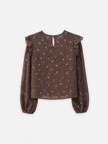 Nöista Brown Polka Dot Top, Straight  Loose, French Retro, Ruffles, Romantic Elegant. Versatile, Playful, Practical Every Woman's Wardrobe.Fall/Winter,. - Brown - View 5