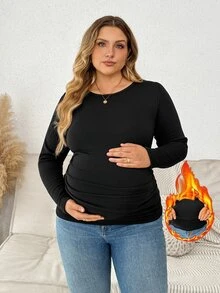 Plussiva Plus Size Maternity Casual Thermal Lined Top, Autumn/Winter - Black - View 1