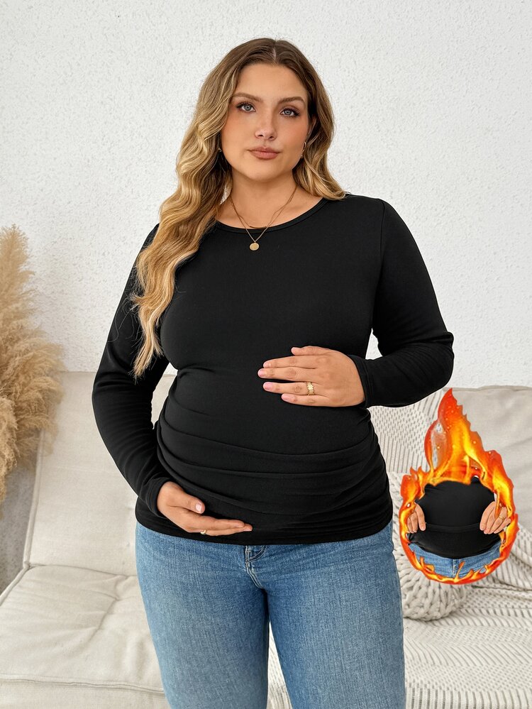 Plussiva 大尺碼孕婦休閒保暖內裡上衣，秋冬款 - 黑色 - 查看 1