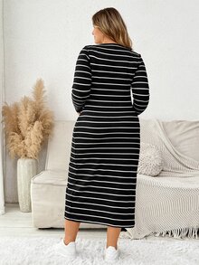 Plussiva Plus Size Maternity Casual Striped Front Button Dress, Autumn - Black - View 4