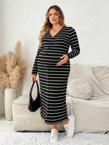 Plussiva Plus Size Maternity Casual Striped Front Button Dress, Autumn - Black - View 1