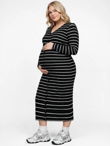 Plussiva Plus Size Maternity Casual Striped Front Button Dress, Autumn - Black - View 3