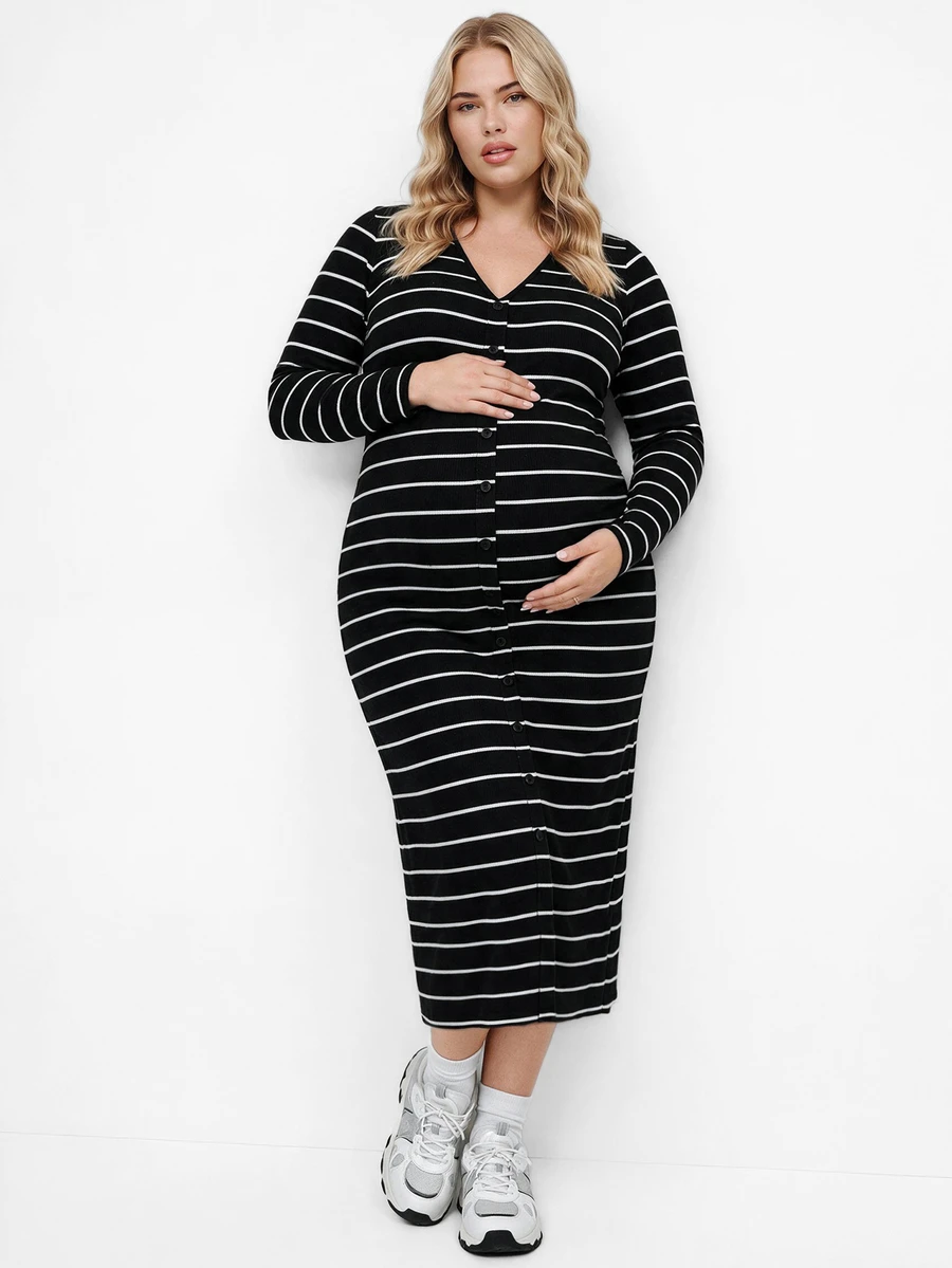 Plussiva Plus Size Maternity Casual Striped Front Button Dress, Autumn - Black - View 1