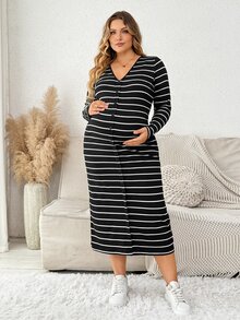 Plussiva Plus Size Maternity Casual Striped Front Button Dress, Autumn - Black - View 8