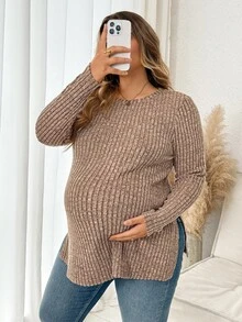 Plussiva Plus Size Maternity Solid Color Round Neck Long Sleeve Side Slit Hem Top - Coffee Brown - View 6