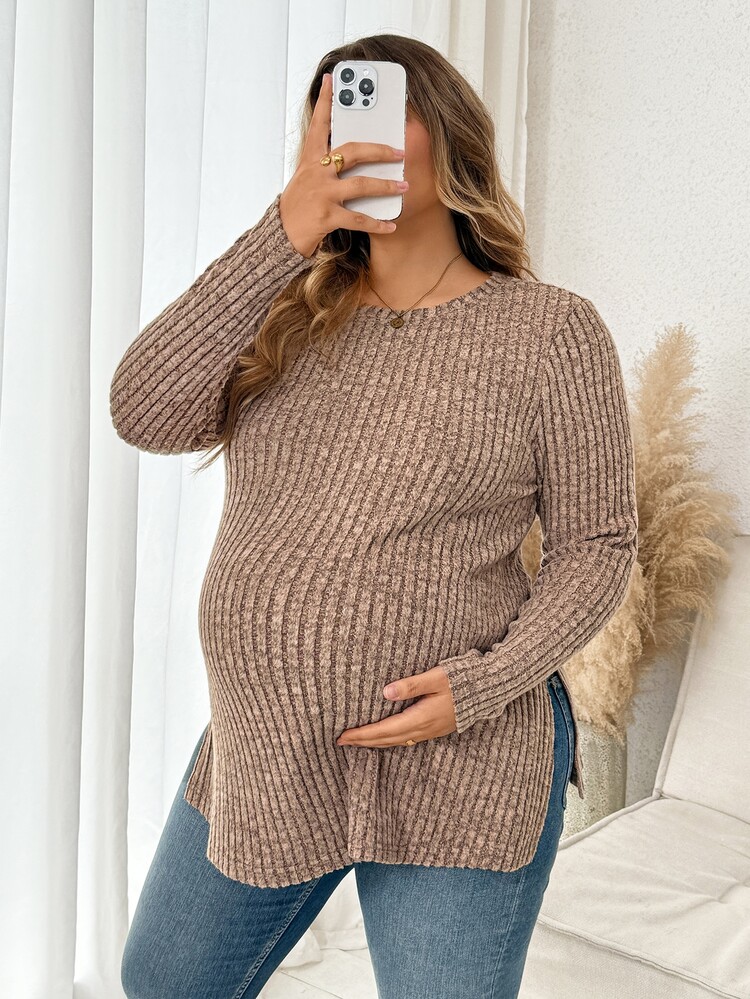 Plussiva 大尺碼孕婦純色圓領長袖側開衩下擺上衣 - 咖啡棕 - 查看 6