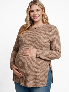 Plussiva Plus Size Maternity Solid Color Round Neck Long Sleeve Side Slit Hem Top - Coffee Brown - View 9