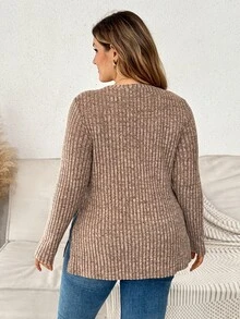Plussiva Plus Size Maternity Solid Color Round Neck Long Sleeve Side Slit Hem Top - Coffee Brown - View 5