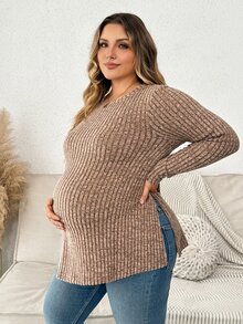 Plussiva Plus Size Maternity Solid Color Round Neck Long Sleeve Side Slit Hem Top - Coffee Brown - View 4