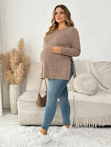 Plussiva Plus Size Maternity Solid Color Round Neck Long Sleeve Side Slit Hem Top - Coffee Brown - View 8