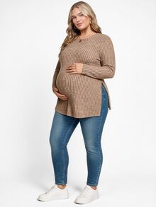 Plussiva Plus Size Maternity Solid Color Round Neck Long Sleeve Side Slit Hem Top - Coffee Brown - View 3