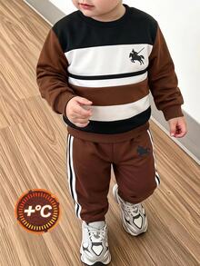 Genkimix Kids 男童抓絨內裡拼色運動衫與慢跑褲套裝，保暖2件式休閒運動套裝，秋冬款 - 咖啡棕 - 查看 1