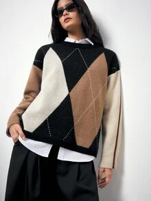 Maija Women's Colorblock Round Neck Long Sleeve Casual Loose Sweater - Multicolor - View 6
