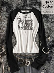 Teen Girl Letter Pattern Patchwork Casual Daily Long Sleeve T-Shirt - Multicolor - View 5
