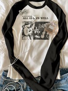 Teen Girl Letter Pattern Patchwork Casual Daily Long Sleeve T-Shirt - Multicolor - View 3