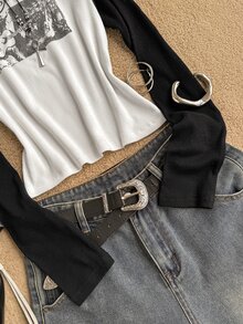 Teen Girl Letter Pattern Patchwork Casual Daily Long Sleeve T-Shirt - Multicolor - View 4
