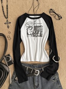 Teen Girl Letter Pattern Patchwork Casual Daily Long Sleeve T-Shirt - Multicolor - View 6