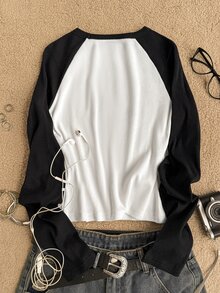 Teen Girl Letter Pattern Patchwork Casual Daily Long Sleeve T-Shirt - Multicolor - View 2