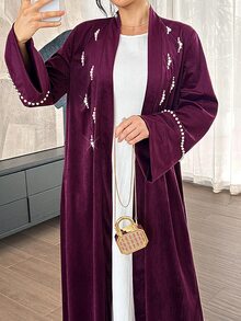 Yasmyna Solid Color Long Sleeve Loose Elegant Glamorous Daily Jacket With Pearl Decoration - Burgundy - View 1