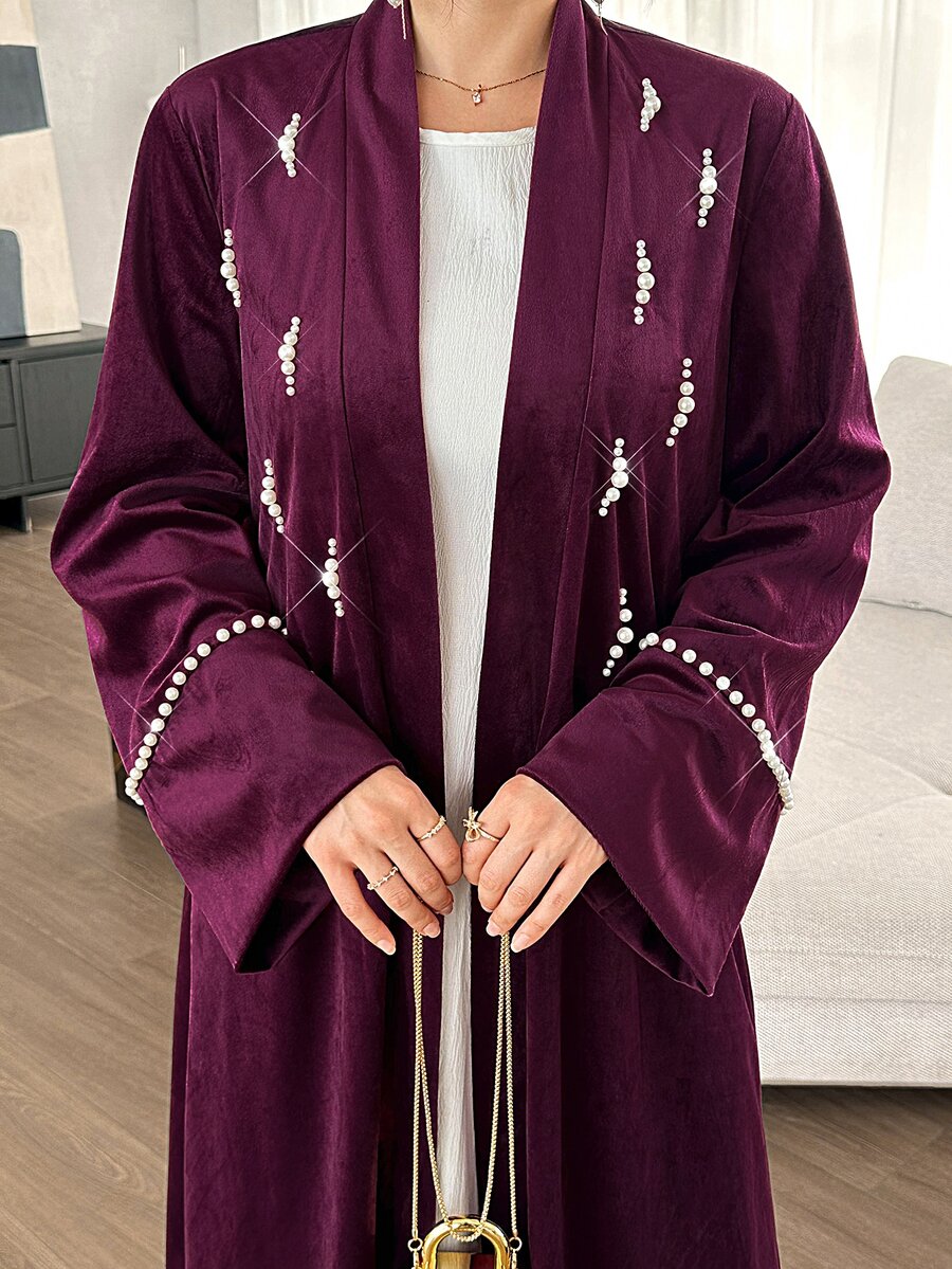Yasmyna Solid Color Long Sleeve Loose Elegant Glamorous Daily Jacket With Pearl Decoration - Burgundy - View 1