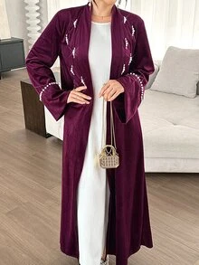 Yasmyna Solid Color Long Sleeve Loose Elegant Glamorous Daily Jacket With Pearl Decoration - Burgundy - View 5