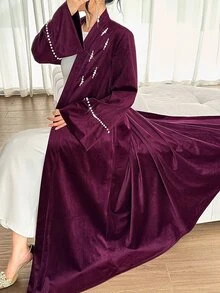 Yasmyna Solid Color Long Sleeve Loose Elegant Glamorous Daily Jacket With Pearl Decoration - Burgundy - View 7