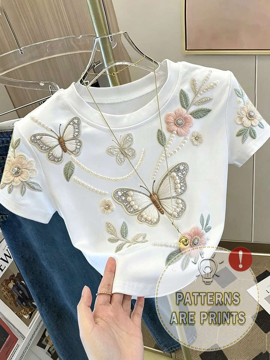 Resyla Summer Vibe Women's Fashion Versatile Floral Butterfly Digital Print Slim Fit Short Sleeve T-Shirt, Premium Women's Clothing, All-Over Floral Pearl Print T-Shirt, Faux Embroidered Floral T-Shirt, Faux Pearl T-Shirt, Butterfly Print T-Shirt - Baby Pink - View 1