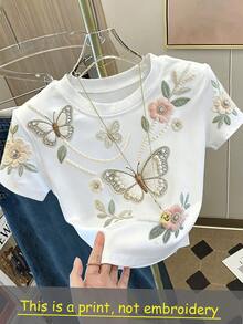 Resyla Summer Vibe Women's Fashion Versatile Floral Butterfly Digital Print Slim Fit Short Sleeve T-Shirt, Premium Women's Clothing, All-Over Floral Pearl Print T-Shirt, Faux Embroidered Floral T-Shirt, Faux Pearl T-Shirt, Butterfly Print T-Shirt - Baby Pink - View 3