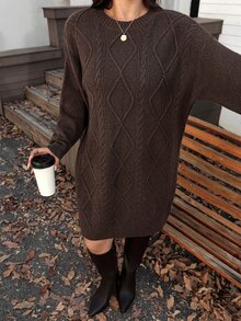 SHEIN LUNE Gaun Rajut Longgar Kasual Lengan Panjang Leher Bulat Ukuran Besar untuk Wanita, Cocok untuk Musim Gugur, Formal, dan Liburan, Warna Abu-abu. - Coffee Brown - View 4