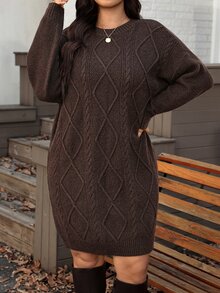 SHEIN LUNE Gaun Rajut Longgar Kasual Lengan Panjang Leher Bulat Ukuran Besar untuk Wanita, Cocok untuk Musim Gugur, Formal, dan Liburan, Warna Abu-abu. - Coffee Brown - View 3