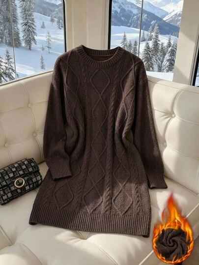 Easowa Curve Plus Size Women's Cable Knit Round Neck Long Sleeve Casual Knit Dress
