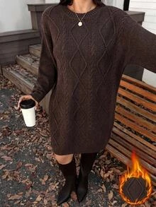 SHEIN LUNE Gaun Rajut Longgar Kasual Lengan Panjang Leher Bulat Ukuran Besar untuk Wanita, Cocok untuk Musim Gugur, Formal, dan Liburan, Warna Abu-abu. - Coffee Brown - View 2