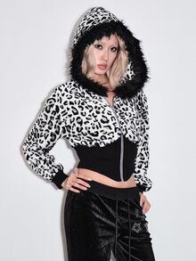 ROMWE Autumn/Winter Y2K Leopard Print Faux Fur & Fleece Hooded Cinched Waist Women's Sweatshirt - Black - View 4