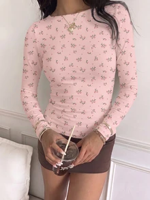 CovetEZ 休閒極簡風粉色碎花杏色底長袖T恤，適合春季、夏季與初秋 - 彩色 - 查看 7