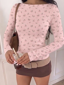 CovetEZ 休閒極簡風粉色碎花杏色底長袖T恤，適合春季、夏季與初秋 - 彩色 - 查看 9