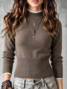 SHEIN Franclia French Vintage Casual Contrast Color Ruffle Trim Mock Neck Long Sleeve Knit Slim Fit Ribbed Autumn Cropped Base Layer Top Office Coffee Brown Elegant - Khaki - View 3