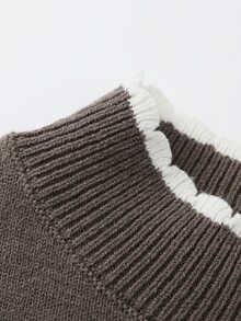 SHEIN Franclia French Vintage Casual Contrast Color Ruffle Trim Mock Neck Long Sleeve Knit Slim Fit Ribbed Autumn Cropped Base Layer Top Office Coffee Brown Elegant - Khaki - View 6