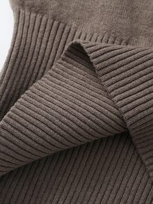 SHEIN Franclia French Vintage Casual Contrast Color Ruffle Trim Mock Neck Long Sleeve Knit Slim Fit Ribbed Autumn Cropped Base Layer Top Office Coffee Brown Elegant - Khaki - View 5