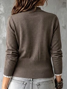 SHEIN Franclia French Vintage Casual Contrast Color Ruffle Trim Mock Neck Long Sleeve Knit Slim Fit Ribbed Autumn Cropped Base Layer Top Office Coffee Brown Elegant - Khaki - View 2