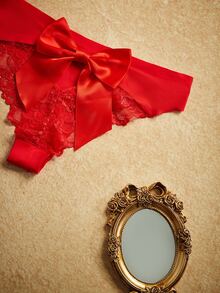 PinupPomp Floral Lace Bow Back Panty Lingerie Bow Tie - Red - View 4