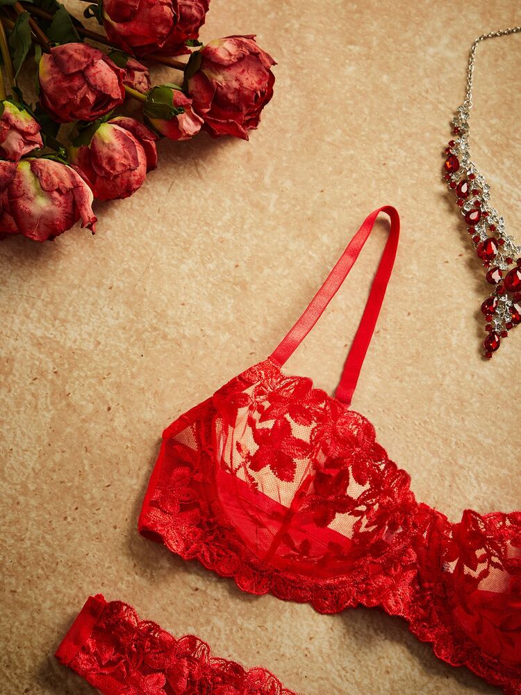 PinupPomp 2pcs/Set Pink Women's Bra Set With Steel Rings Intimate Summer Wedding Guest - Red - View 4