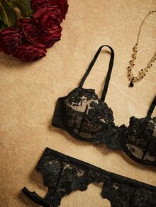 PinupPomp 4pcs/Set Women's Sexy Lingerie, Blue - Black - View 4