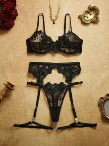 PinupPomp 4pcs/Set Women's Sexy Lingerie, Blue - Black - View 3