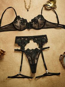 PinupPomp 4pcs/Set Women's Sexy Lingerie, Blue - Black - View 1