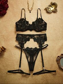 PinupPomp 4pcs/Set Women's Sexy Lingerie, Blue - Black - View 2