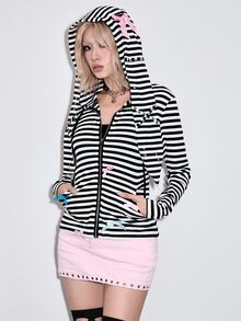 ROMWE Y2K Women's Autumn/Winter Striped Long Sleeve Rabbit Ears Casual Zip-Up Sweatshirt, Black And White Stripes, Bow - Multicolor - View 6